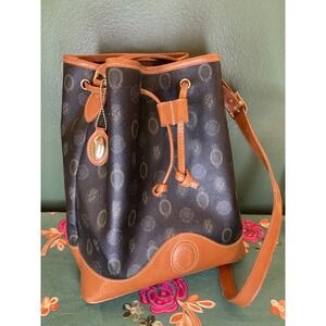 Capezio Bucket Bag Blk Monogram Leather‎ Trim Drawstring Shoulder Bag